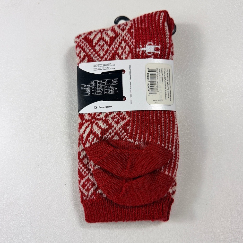 Smartwool Traditional Snowflake Crew Socks Womens L Crimson Red Merino New - Picture 2 of 9
